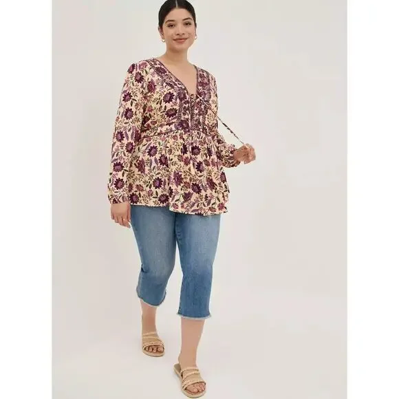 Torrid Babydoll Rayon Crepe Embroidered Lace Up Top Floral Womens Plus Size 2 2X - Picture 13 of 13